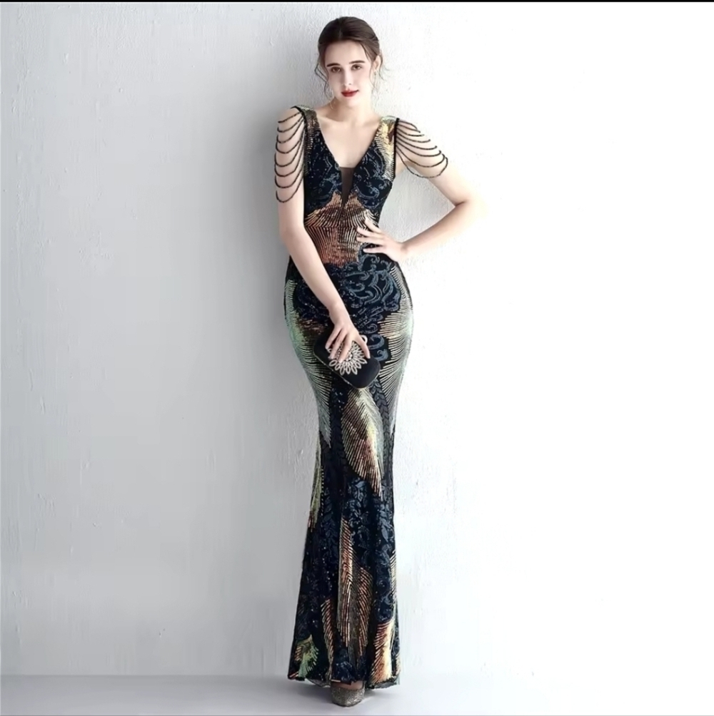 Navy, Floral, Beaded,  Round Back,  Sleeveless,  Sequined Gown - Picture 3 of 15